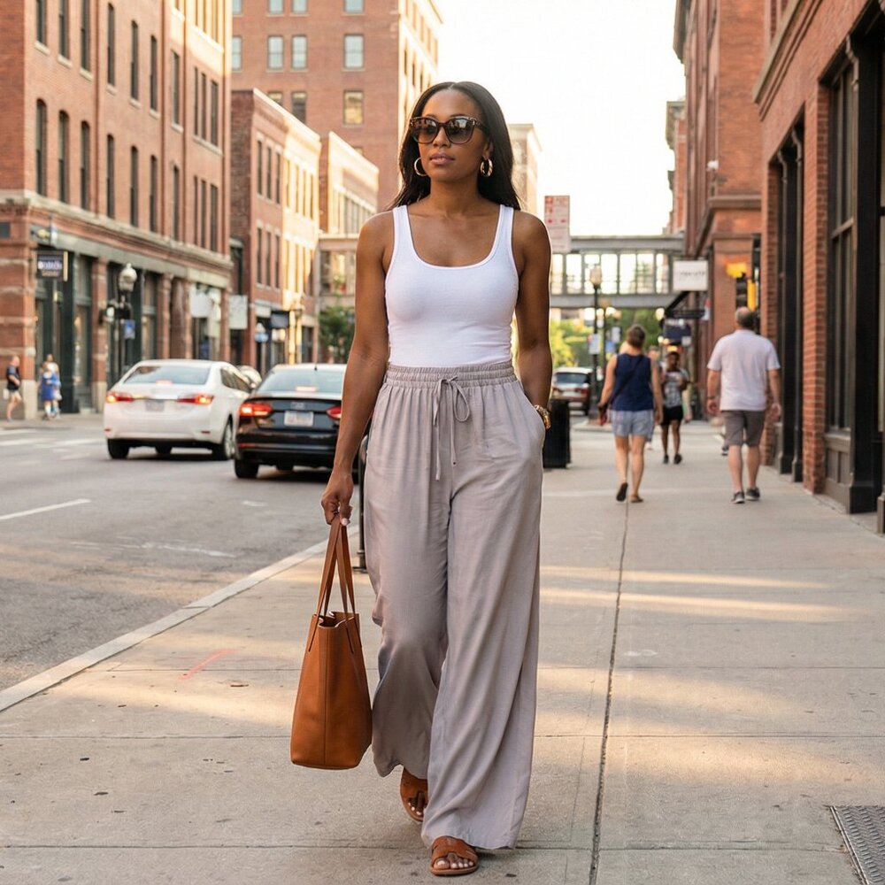 Women’s Taupe Wide-Leg Drawstring Pants – Lightweight Beach & Travel